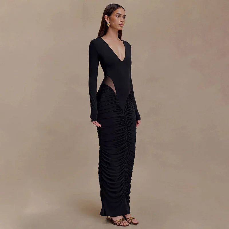 Blifanbo Elegan Deep V Neck Bodycon Maxi Dress Women High Waist Pleated Long Sleeve Solid Patchwork Club Party Long Dress Autumn