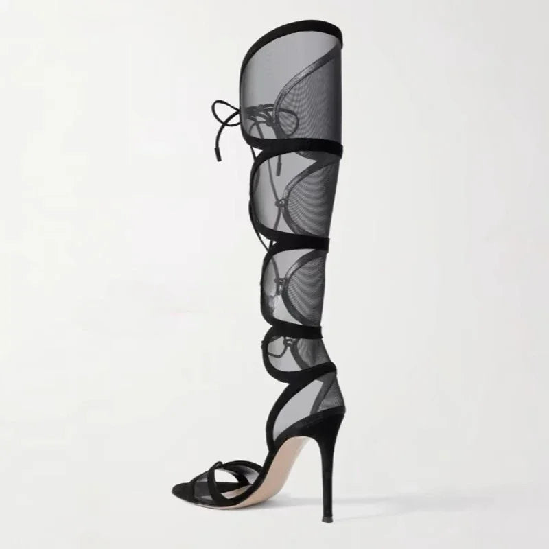 European and American Women's Summer Sexy High-heeled Fashion Week Runway Show Hollow Mesh Cross Strap Banquet Sandals