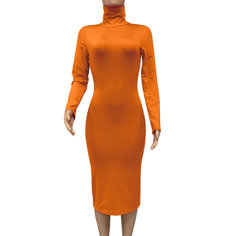 Winter Black Turtleneck Sexy Women Dress Autumn Long Sleeve Skinny Midi Boydcon Casual Blue Plush Knee-Length Party Club