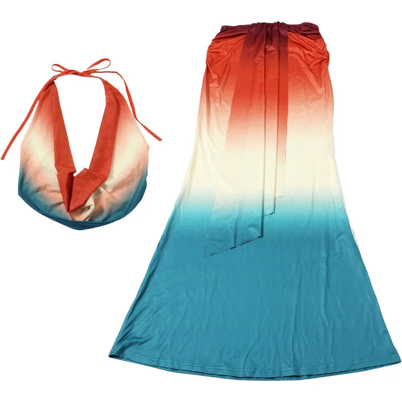 Mozision Print Sexy Mesh Halter Skirt 2 Pieces Sets For Women Off-shoulder Sleeveless Backless Tops And Skirt Two Pieces Sets