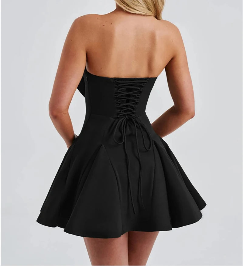 Mozision Bow Strapless Backless Sexy Mini Dress For Women Robe Fashion Solid Off-shoulder Sleeveless A-line Club Dress Vestido