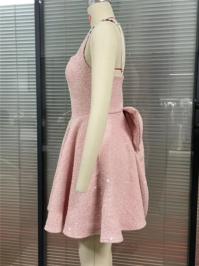 Mozision Sequins Bow Backless Sexy Mini Dress For Women Robe Fashion Square Collar Sleeveless High Waist A-line Club Dress