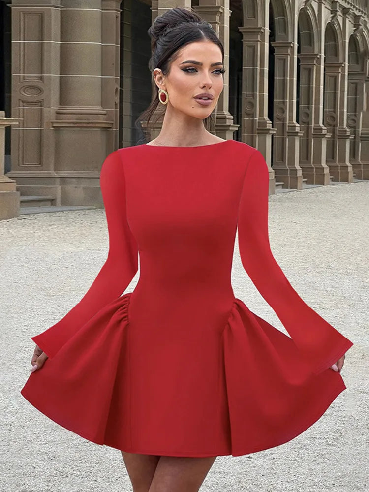 Mozision Elegant Long Sleeve Sexy Mini Dress For Women Solid O Neck High Waist A-line Bodycon Club Party Dress Clubwear New