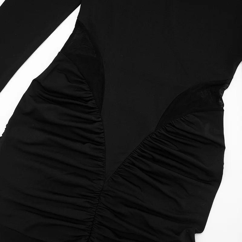 Blifanbo Elegan Deep V Neck Bodycon Maxi Dress Women High Waist Pleated Long Sleeve Solid Patchwork Club Party Long Dress Autumn