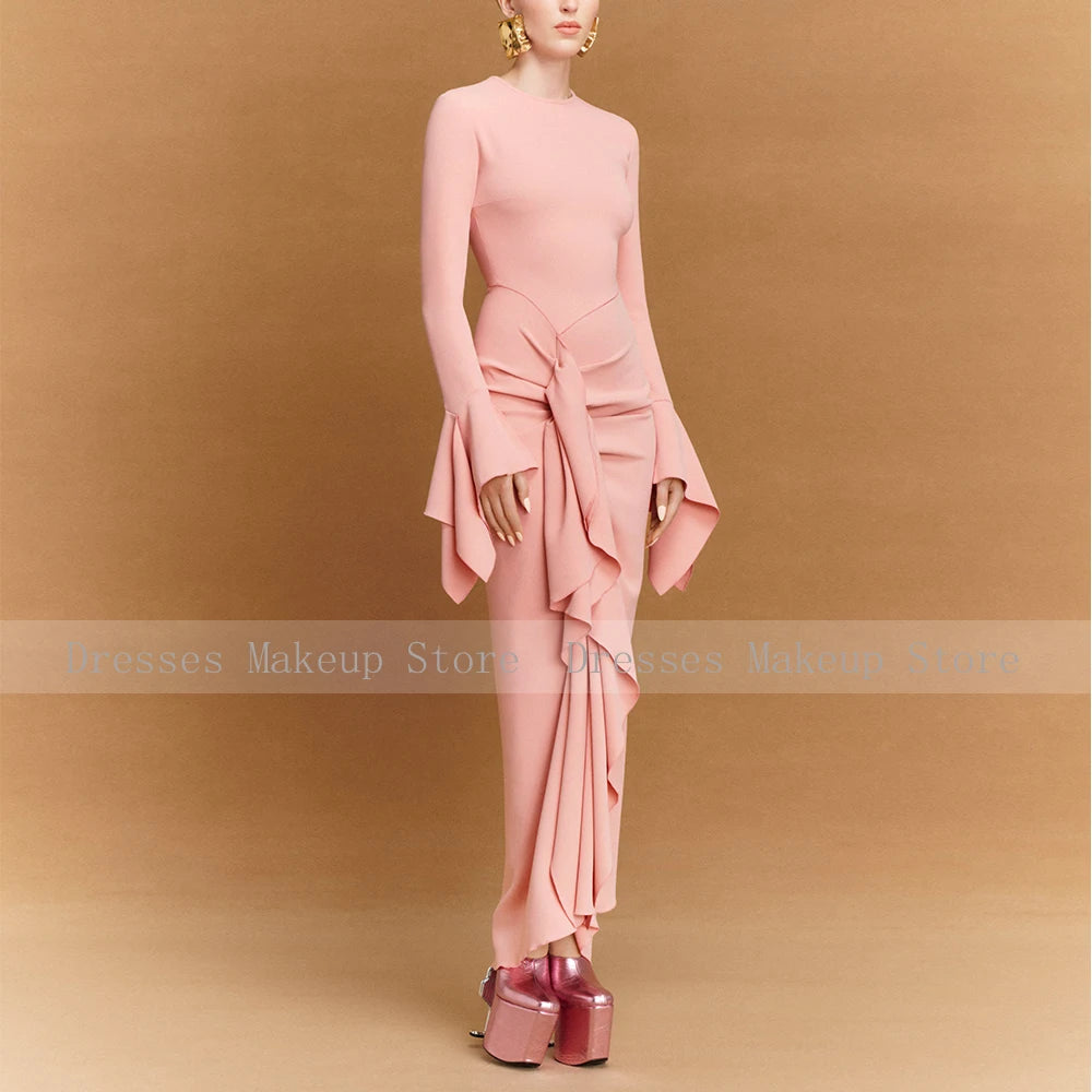 Pink Evening Dress Maxi O Neck Long Sleeves Ruffle Sheath Modest Evening Gowns for Women 2025 Column Formal Party Dresses