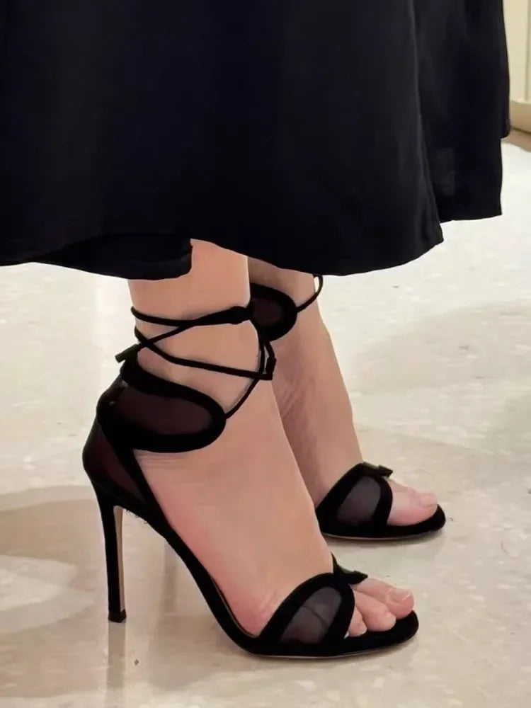 European and American Women's Summer Sexy High-heeled Fashion Week Runway Show Hollow Mesh Cross Strap Banquet Sandals