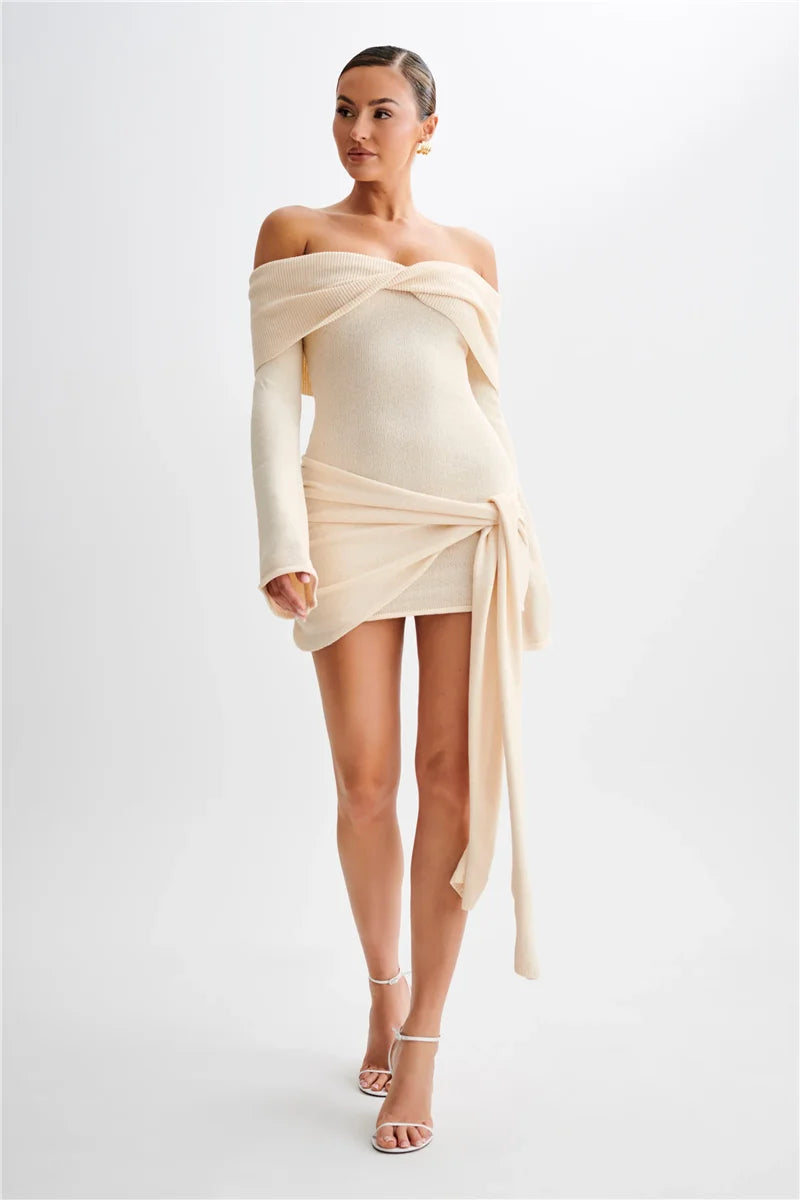 Mozision Off-shoulder Knit Mini Dress For Women Autumn Winter New Strapless Backless Long Sleeve Ruched Draped Knitted Dress