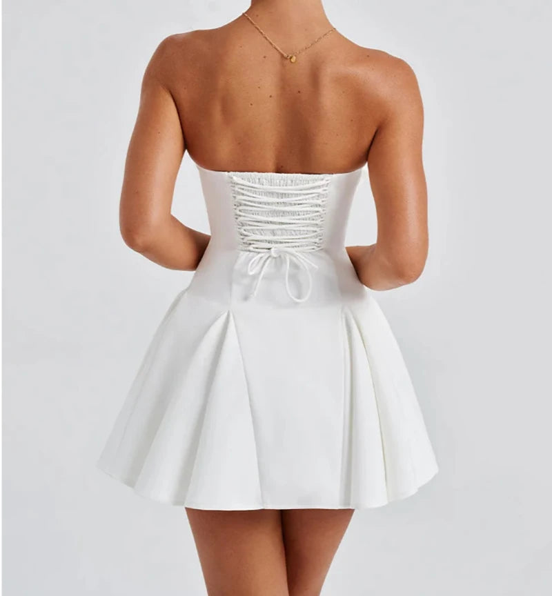 Mozision Bow Strapless Backless Sexy Mini Dress For Women Robe Fashion Solid Off-shoulder Sleeveless A-line Club Dress Vestido