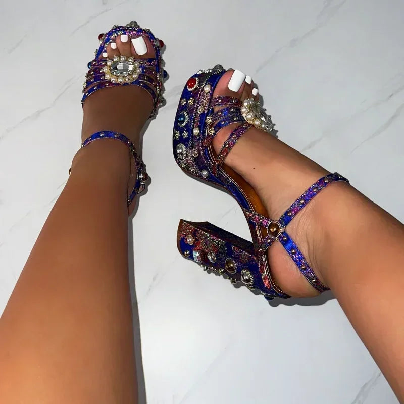2025 Women's High-heeled Thick Soled Single Buckle Sandals with European and American Sexy Silk Rhinestone Party Shoes