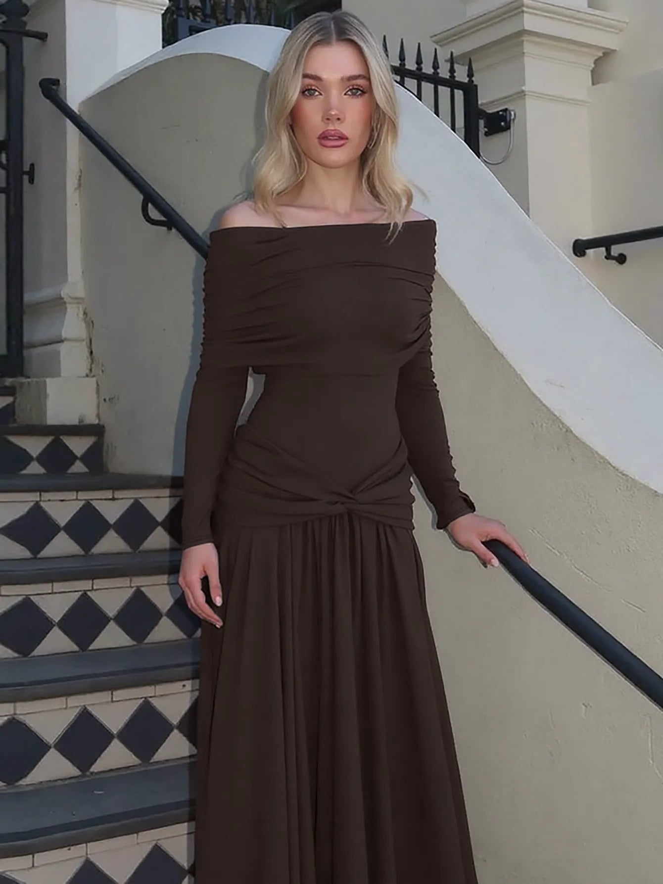 Dulzura Off Shoulder Long Sleeve Backless Ruched Slim Fit Pleated Long Dress Women'S Solid Sexy Dress Clothes Party Club Clothes