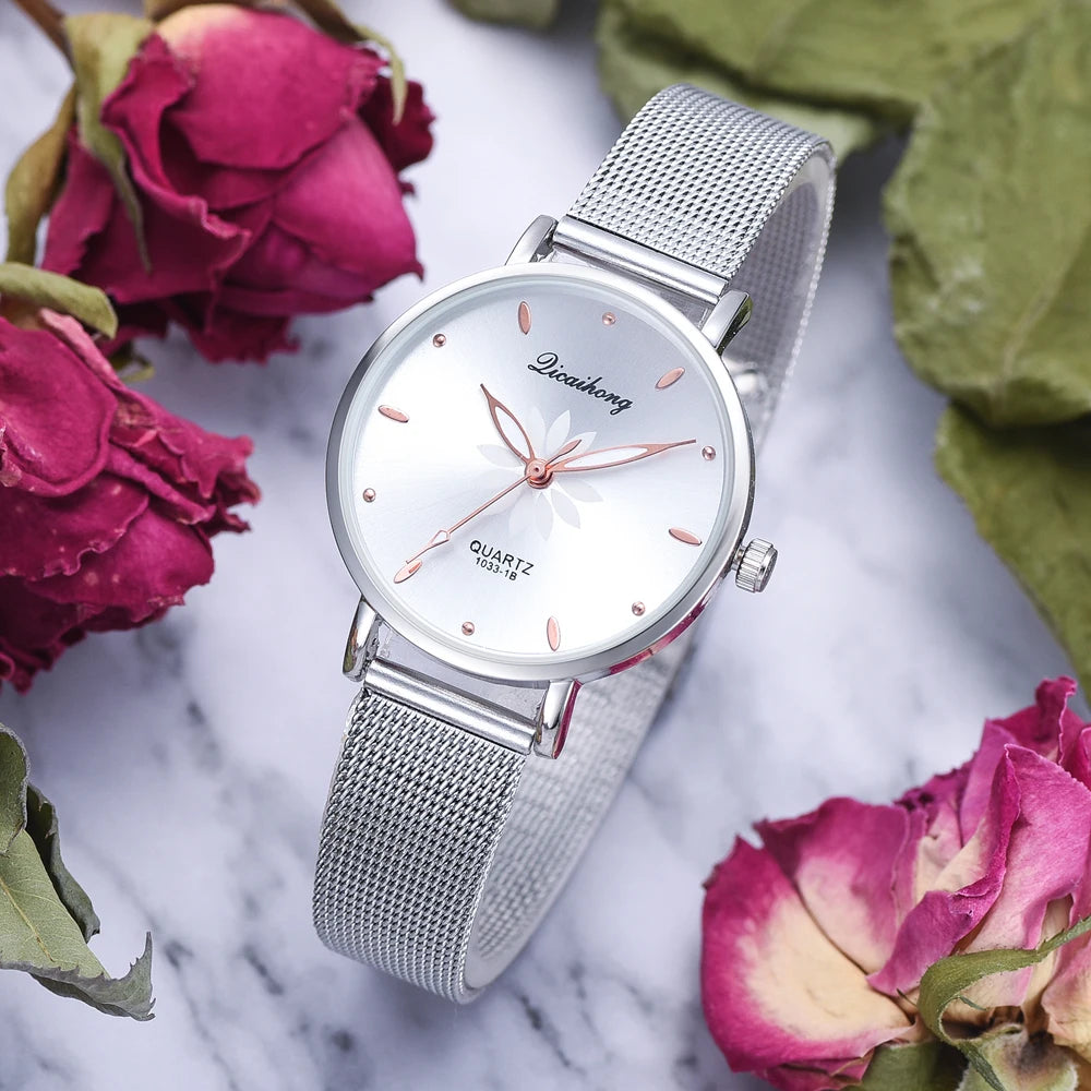 Watches For Women Luxury Silver Popular Pink Dial Flowers Metal Ladies Bracelet Quartz Clock Ladies Wrist Watch New Clock
