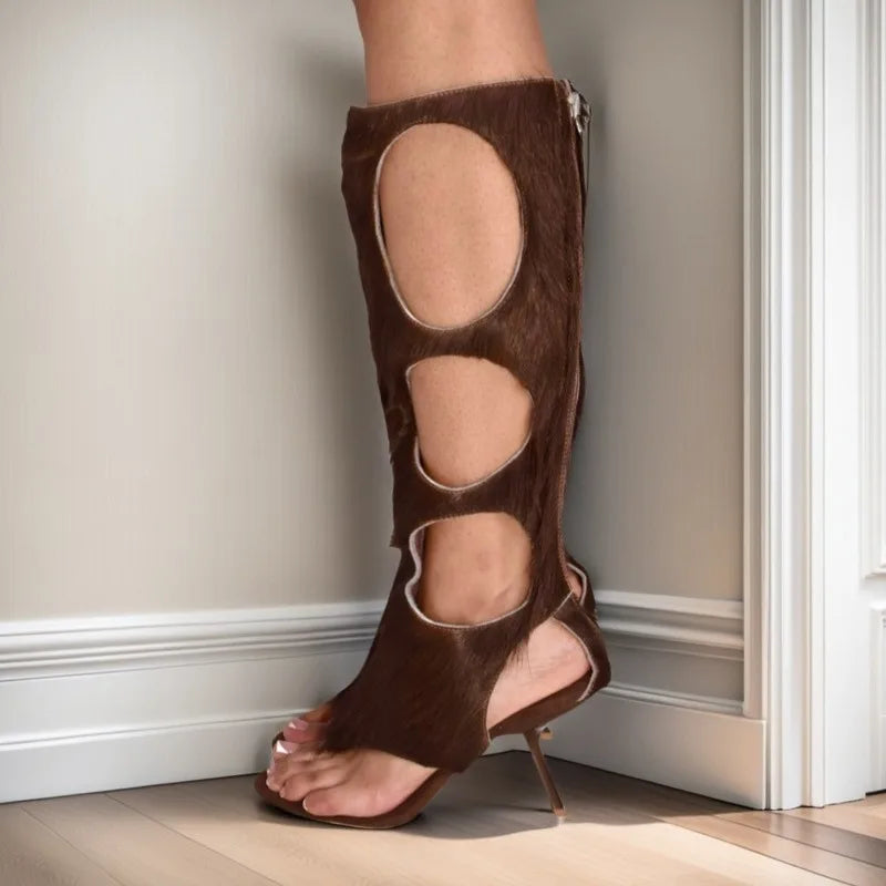Luxury Cut-Out Knee-High Boots - Genuine Horsehair Leather Stiletto Heels with Rear Zipper | European Fashion Women's Shoes