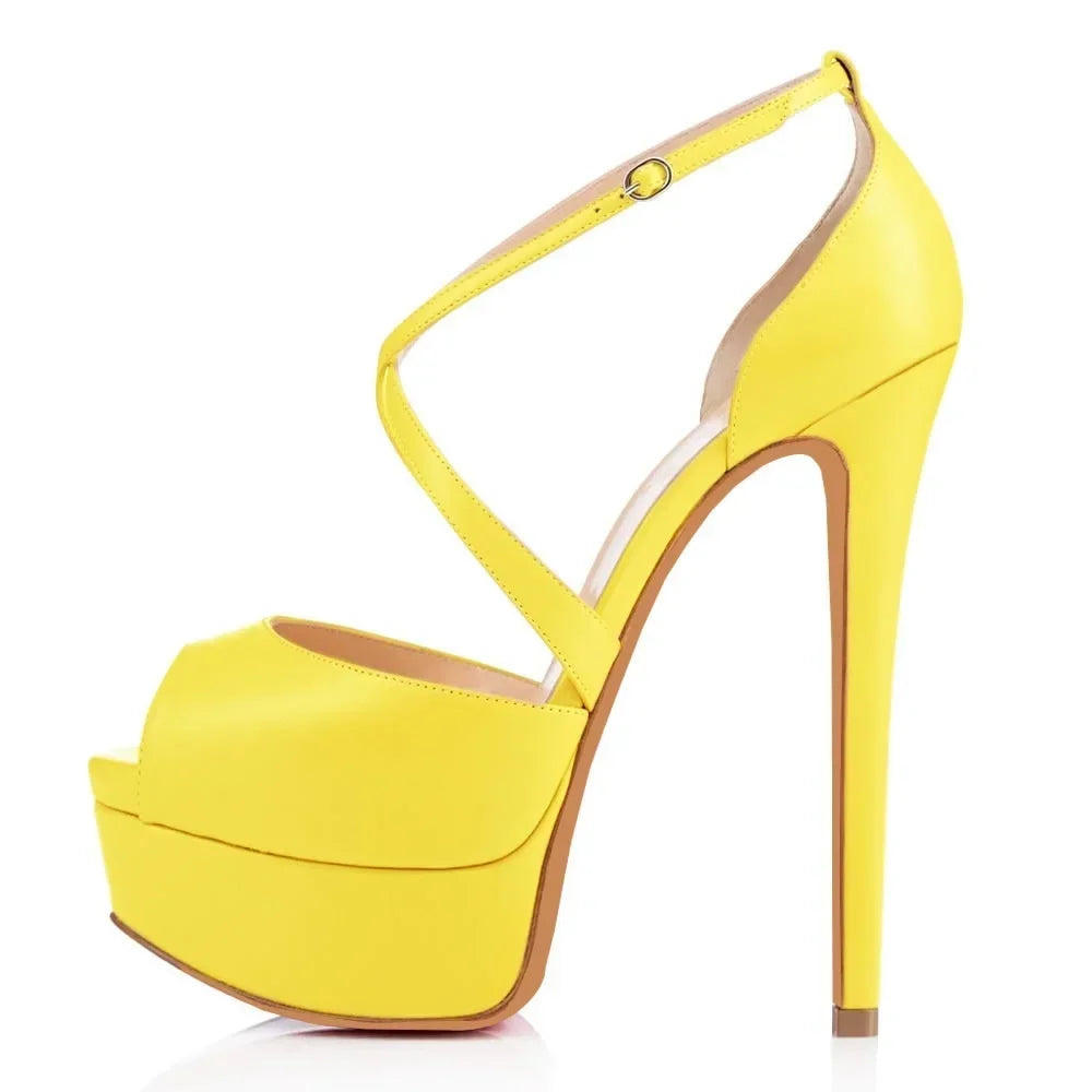 Women Sandals Sexy 14cm Super High Heels Leather Platform Pointed Toes Ankle Strap Sandals Nightclub Party Red Wedding Shoes