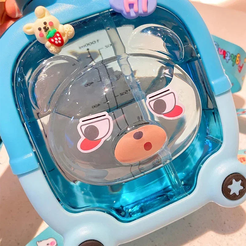 1L Water Bottle for Girls Cute Bear Plastic Cup Cartoon Travel Straw Mug Summer Sport Drink Kettle Portable Kawaii Kids Tumbler