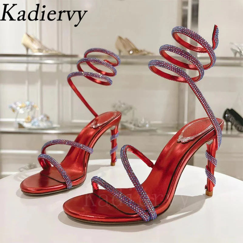 Luxury High Heels Sandals Woman Rhinestone Snake Twine Around Ankle Strap Wedding Shoes Stiletto Summer Gladiator Sandals Women