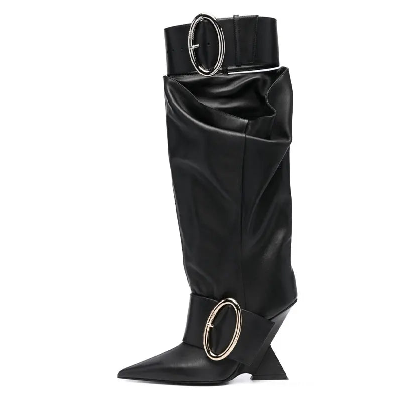 2023 European and American Designer Brand Runway Boots, Women's Fashion Belt Buckle Decoration, Irregular Heel Sleeve Boots