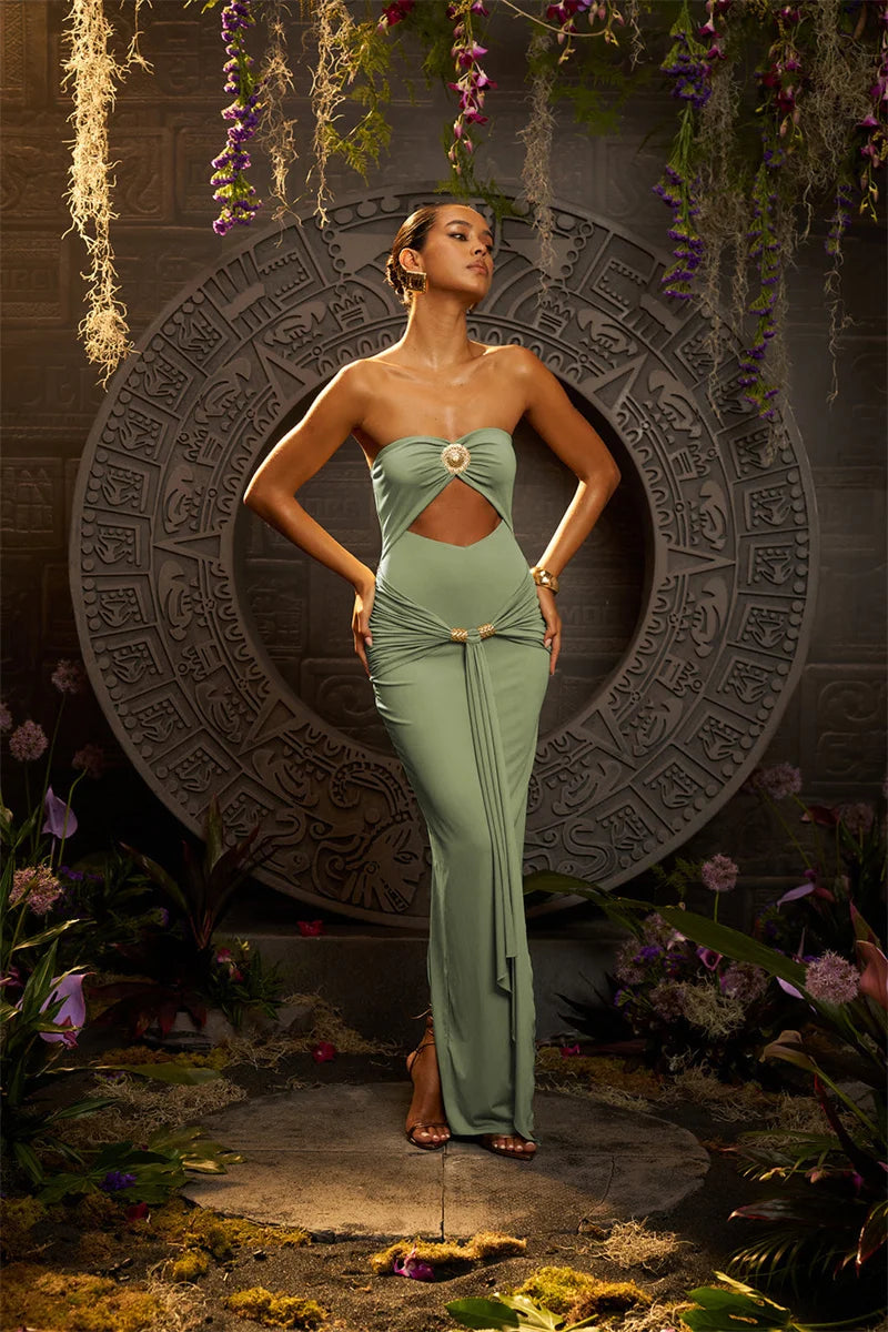 Mozision Hollow Out Backless Sexy Maxi Dress Women Gown Summer New Off-shoulder Strapless Sleeveless Ruched Club Long Dress