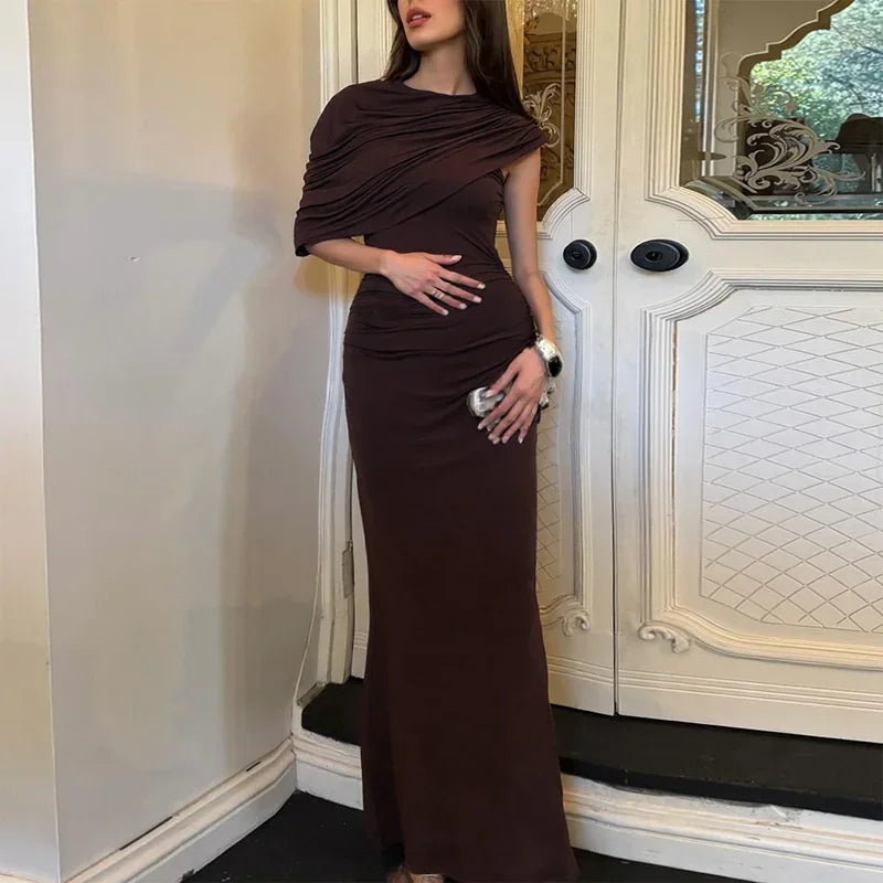 Irregular Ruched Sexy Maxi Dress For Women Elegant Autumn Inclined Shoulder Pleated Club Party Long Dresses Female