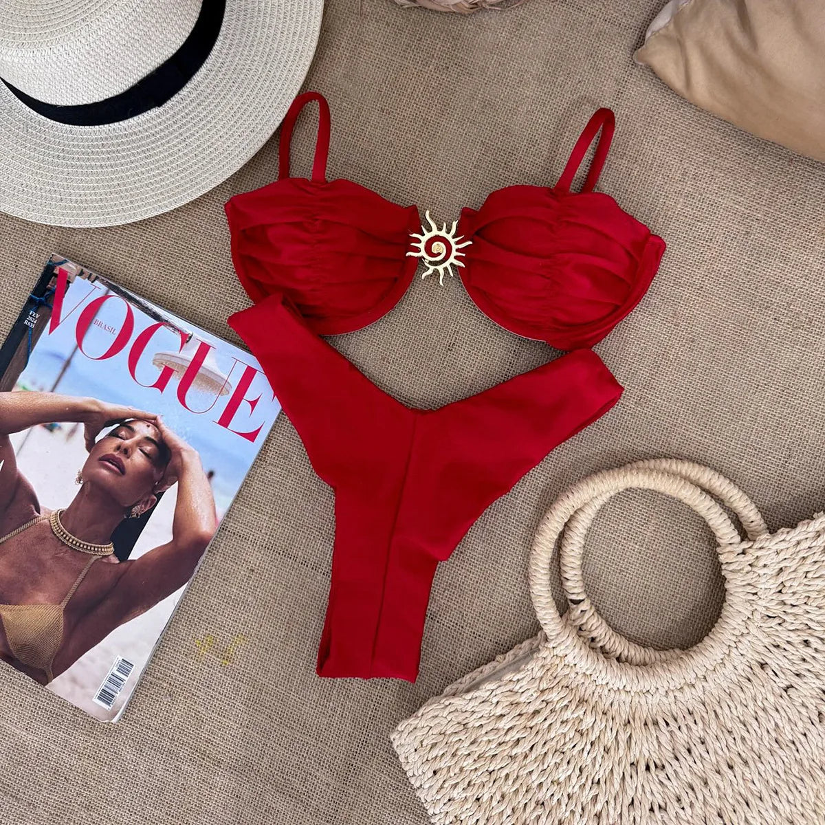 2025 new solid color steel support gathering bikini women's split swimsuit women's two-piece swimsuit