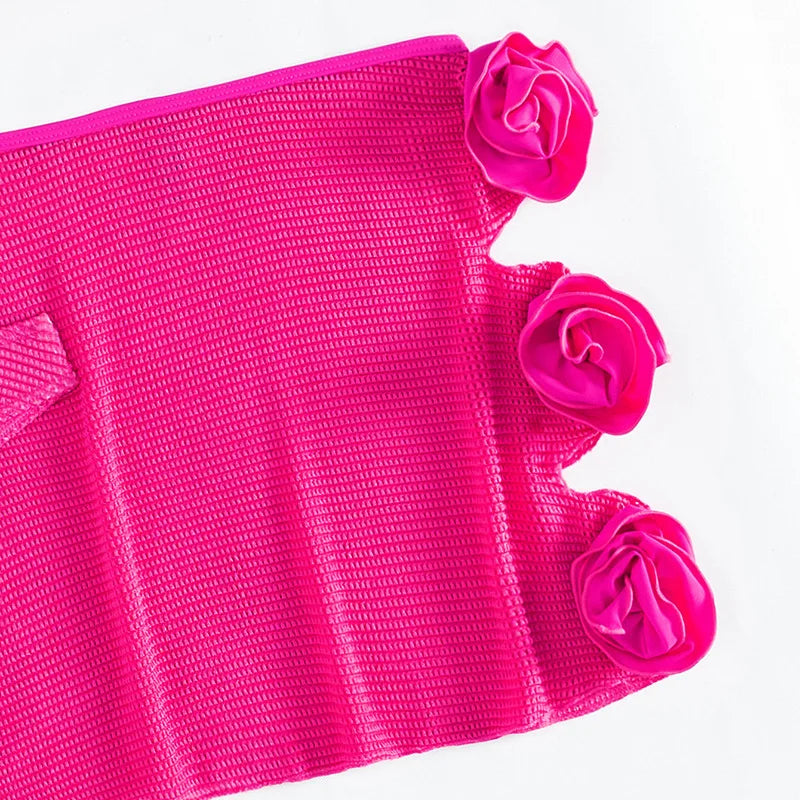 Rose Red 3D Flower Bandeau Bikinis Sets 2025 Sexy Swimsuit Cover Ups Women Skirts Swimwear 3 Piece Bikini Set Beachwear Bather