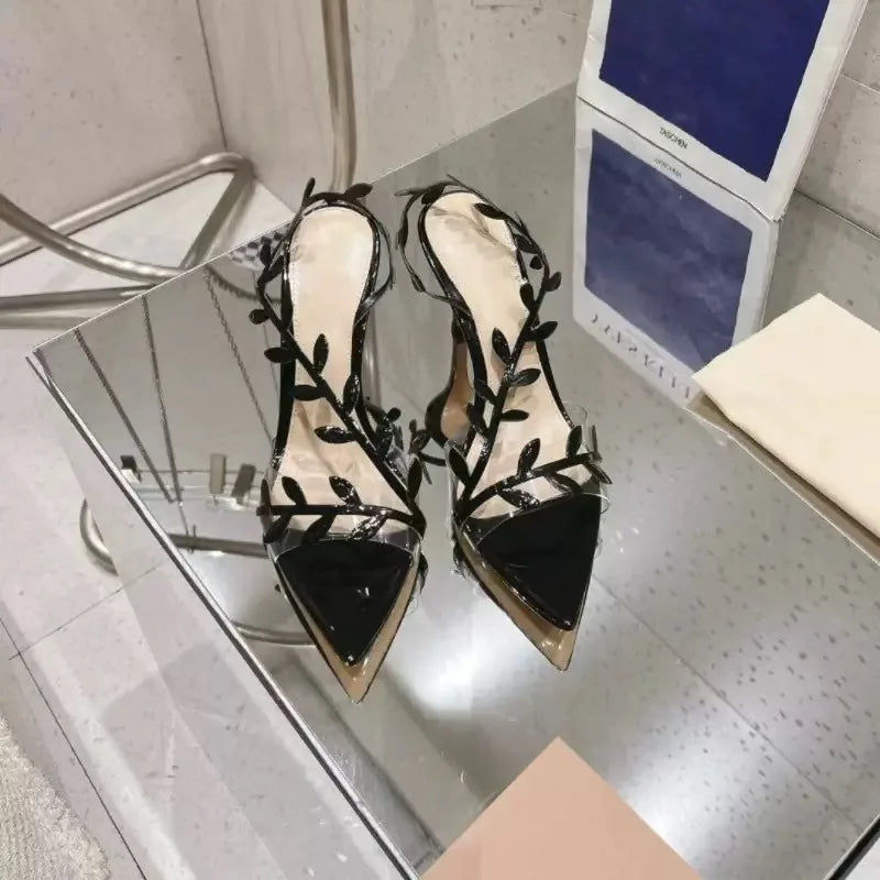 2025 Women's Summer New Style Lacquer Leather Leaf Fairy Style Strap Stiletto High Heels Pointed Open Toe Fashion Sandals