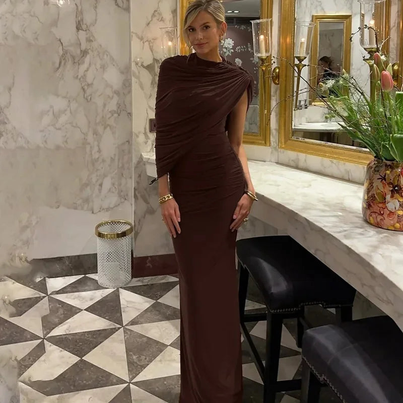 Irregular Ruched Sexy Maxi Dress For Women Elegant Autumn Inclined Shoulder Pleated Club Party Long Dresses Female