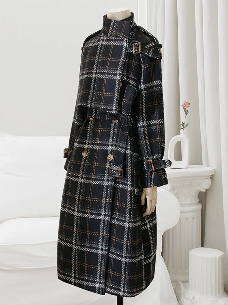 Lautaro Autumn Winter Long Loose Warm Plaid Wool Blends Trench Coat for Women Raglan Sleeve Belt Double Breasted Woolen Overcoat