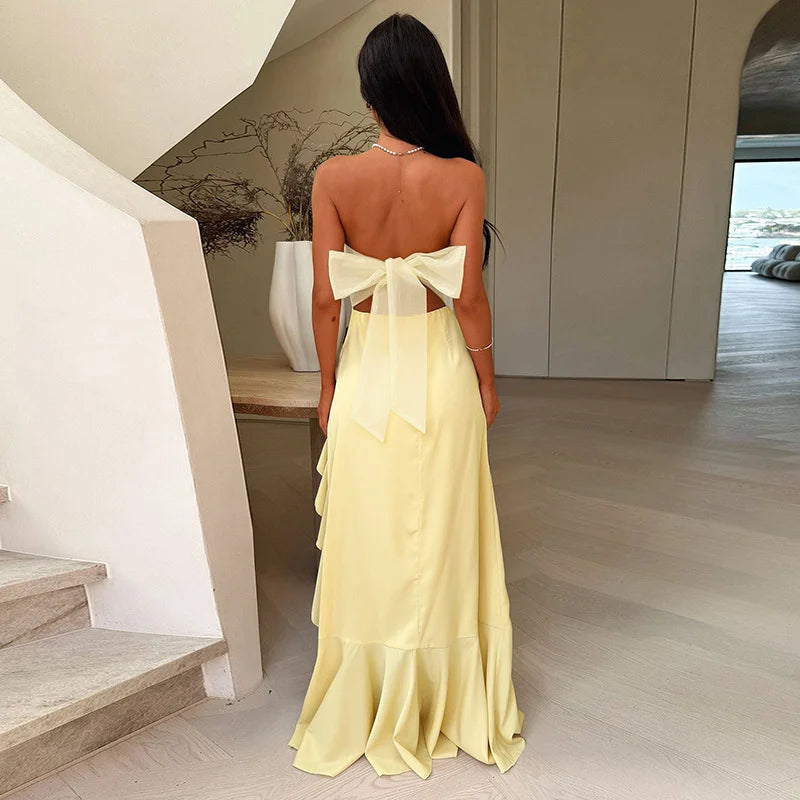 Mozision Off-shoulder Strapless Ruffled Sexy Maxi Dress Women Summer Fashion Backless Bow Thigh High Split Club Long Dress