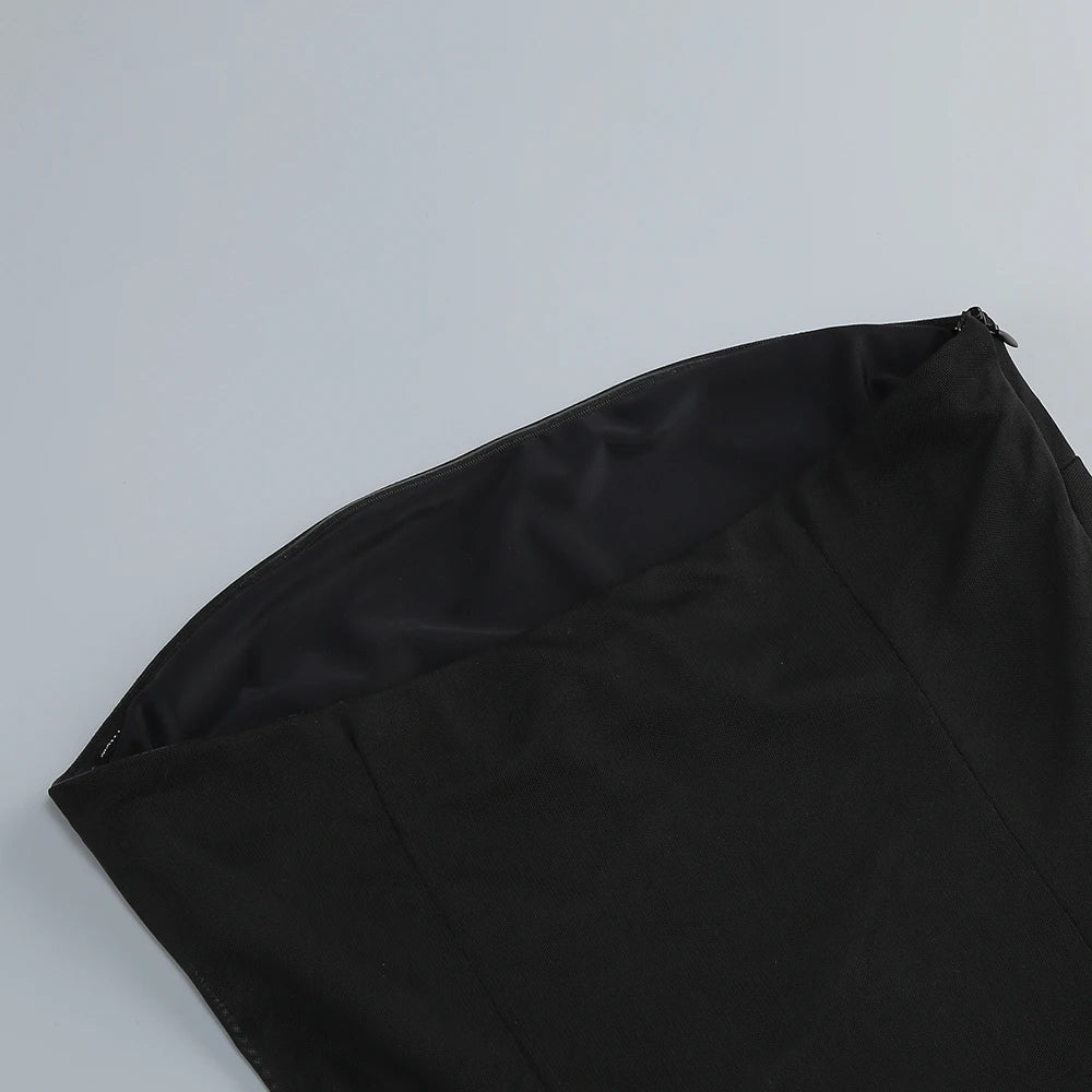 New 2025 Women Celebrity New Sexy Strapless Black Lace Mesh Long Bodycon Dress Elegant Evening Party Club Dress