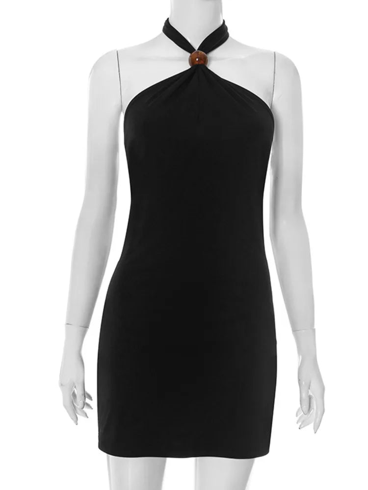 Mozision Halter Off-shoulder Sexy Mini Dress Women Black Summer Fashion Solid Sleeveless Backless Beach Club Party Dresses