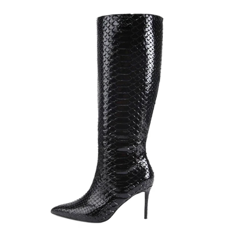 European and American Women's High-heeled Snake Patterned Pointed Side Zipper High Boots, Oversized Slimming Knee High Boots Wofashion.xyz
