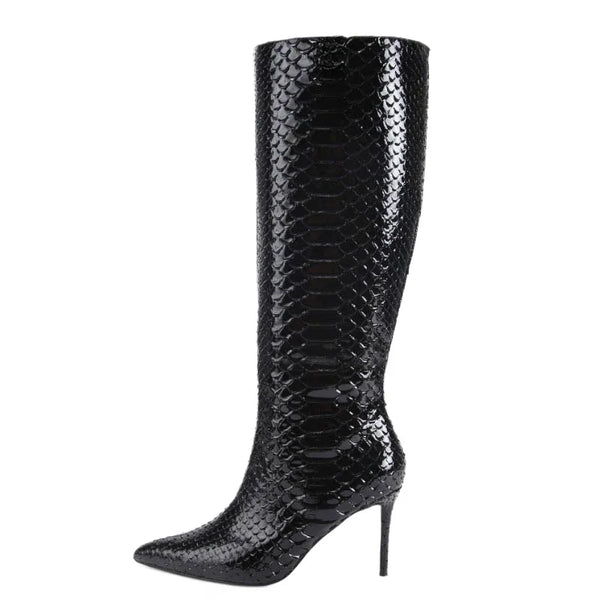 European and American Women's High-heeled Snake Patterned Pointed Side Zipper High Boots, Oversized Slimming Knee High Boots Wofashion.xyz