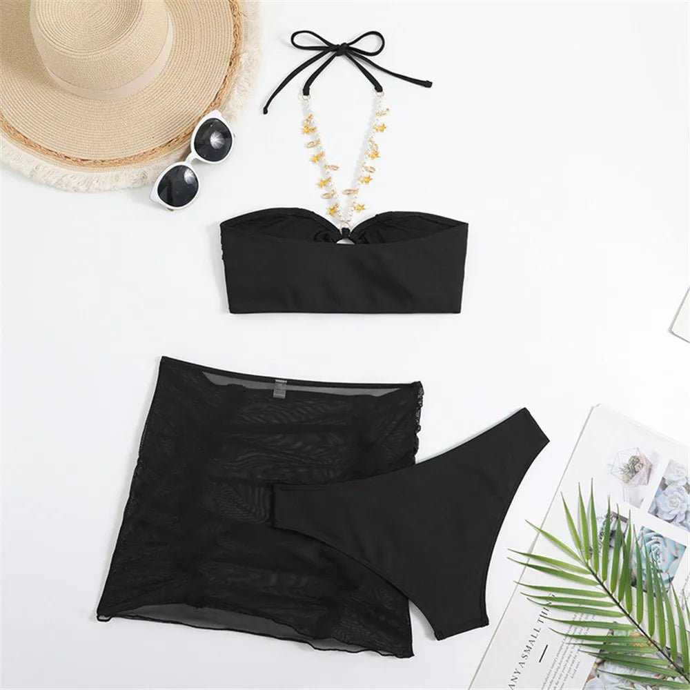 Black Pleats Edge Bandeau 3 Piece Bikini Set Damen Pearl Chain Halter Swimwear Skirts Cover Up Sexy Swimsuit Women Beach Wear