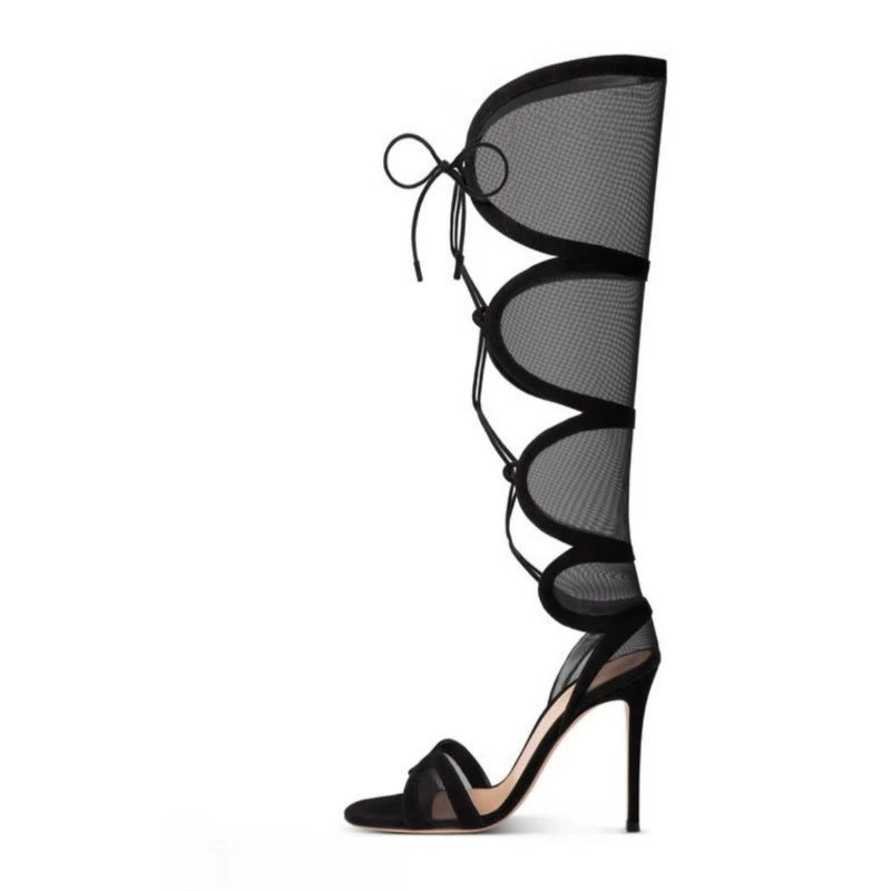 European and American Women's Summer Sexy High-heeled Fashion Week Runway Show Hollow Mesh Cross Strap Banquet Sandals Wofashion.xyz