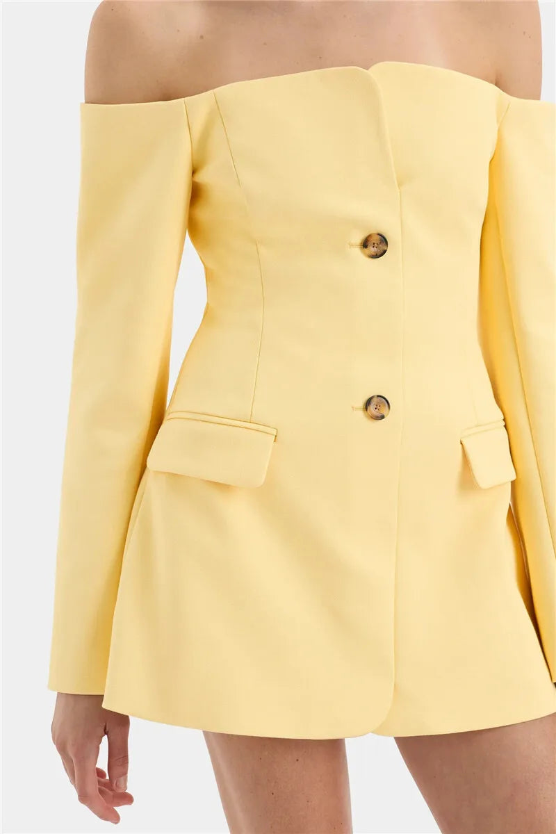 Mozision Off-shoulder Strapless Sexy Blazer Dress For Women Fashion Solid Zipper Two Pocket Long Sleeve Backless Mini Dress