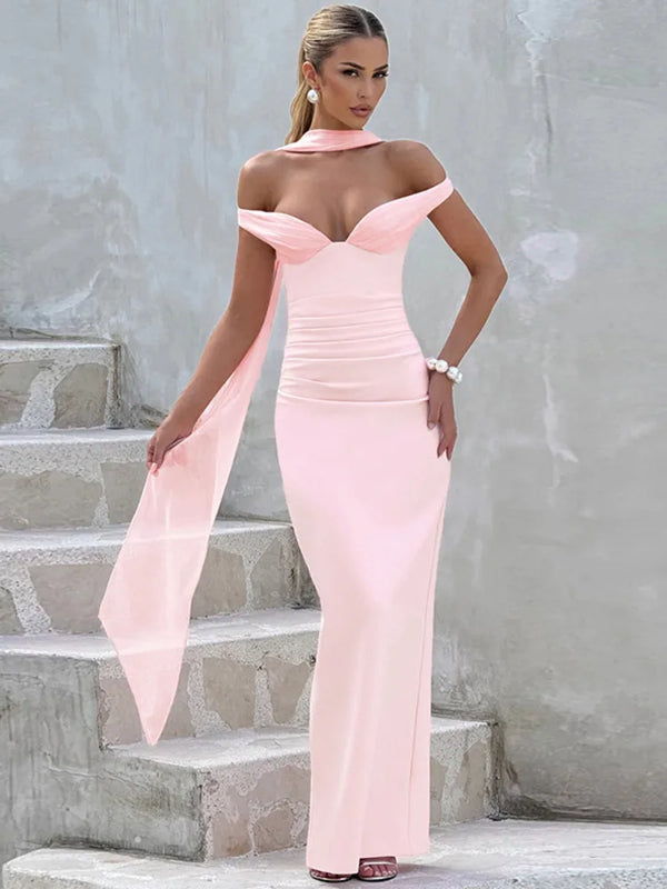 Blifanbo Sexy Elegant Ribbon Maxi Dress For Women Strapless Off-shoulder Sleeveless Backless Fashion Patchwork Party Long Dress Wofashion.xyz