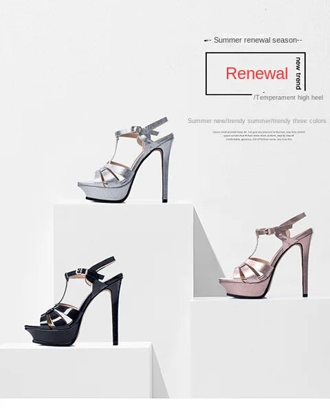 Women's Summer European and American Fashion Stiletto Waterproof Platform Leather Open Toe Round Head Buckle Sandals