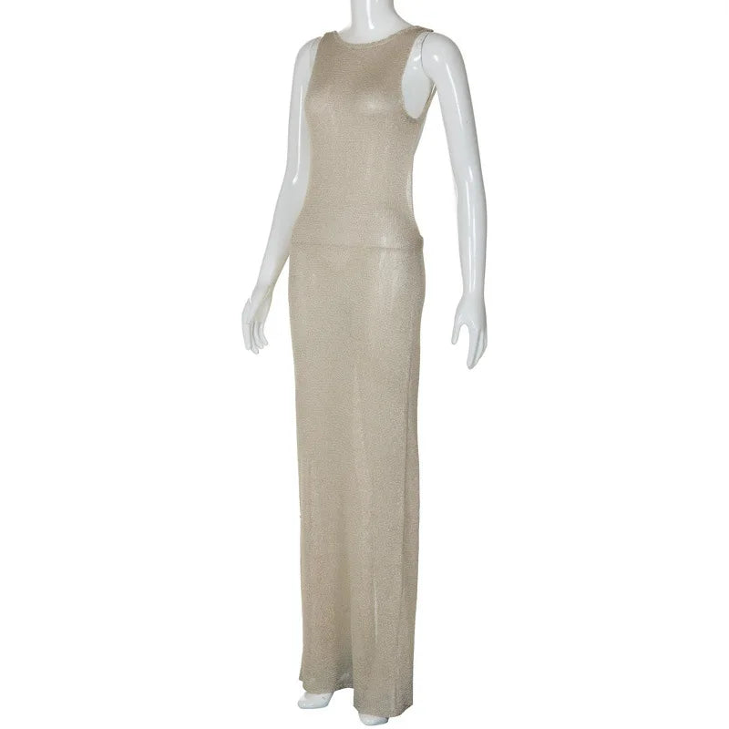 Mozision See Through Backless Sexy Maxi Dress For Women Summer New Sheer Sleeveless Back Split Sexy Long Dress Beachwear