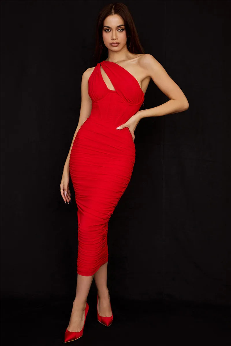 Mozision Elegant One Shoulder Ruched Midi Dress For Women Club Party Outfits Summer New Sleeveless Backless Bodycon Long Dress