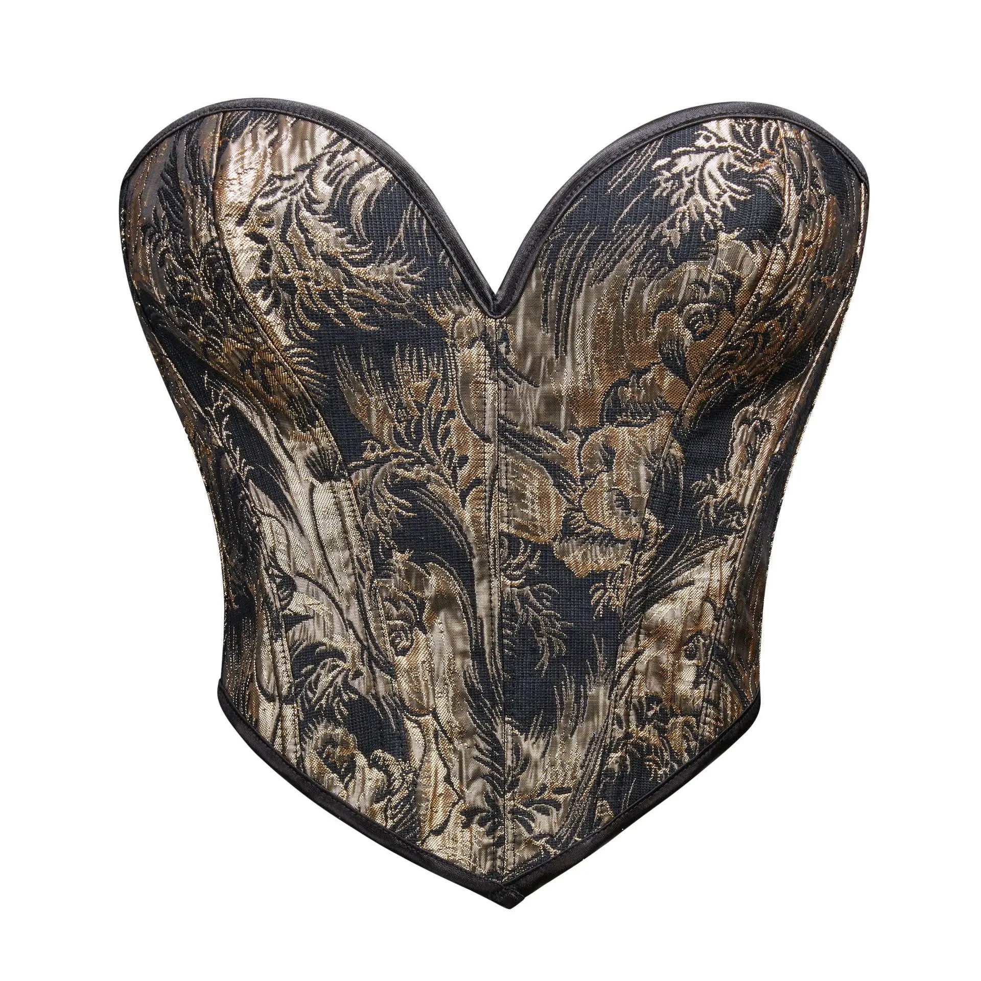 Women Fashion Brocade Overbust Corset Crop Top Vintage Gothic Lace Up Bustiers Short Torso Body Shaper Sexy Kорсет Black Gold Wofashion.xyz