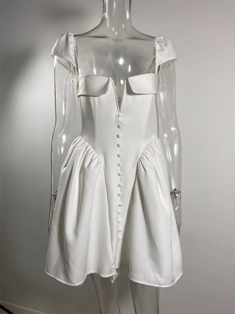 Mozision White Backless Sexy Mini Dress For Women Fashion Square Collar Short Sleeve High Waist A-line Club Party Sexy Dress