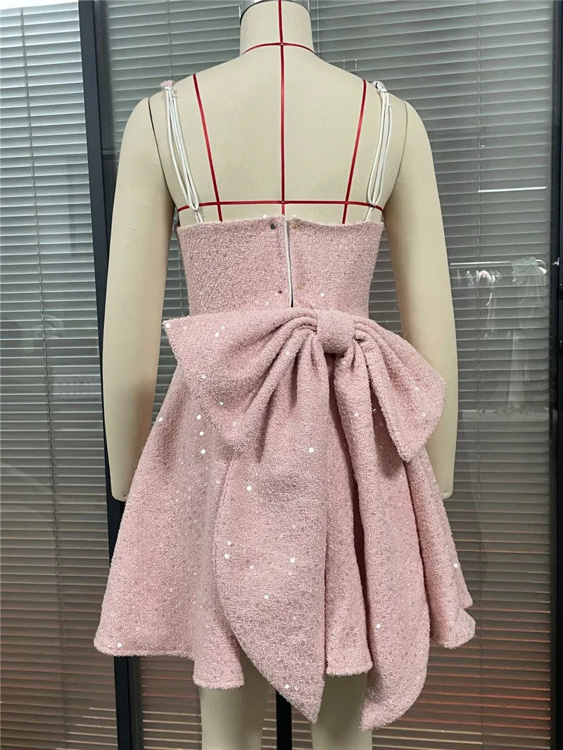 Mozision Sequins Bow Backless Sexy Mini Dress For Women Robe Fashion Square Collar Sleeveless High Waist A-line Club Dress