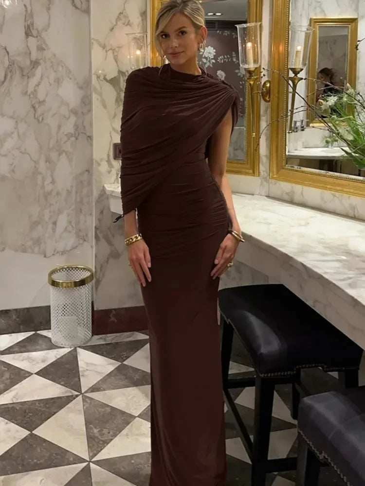 Irregular Ruched Sexy Maxi Dress For Women Elegant Autumn Inclined Shoulder Pleated Club Party Long Dresses Female