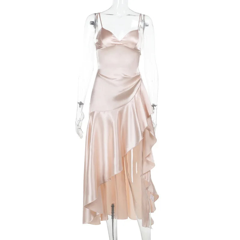 NIDANSSI Satin Ruffle Slim Backless Evening Party Dress Women Robes Bodycon Elegant Sexy Dress Midi Long Summer Dress Vestidos