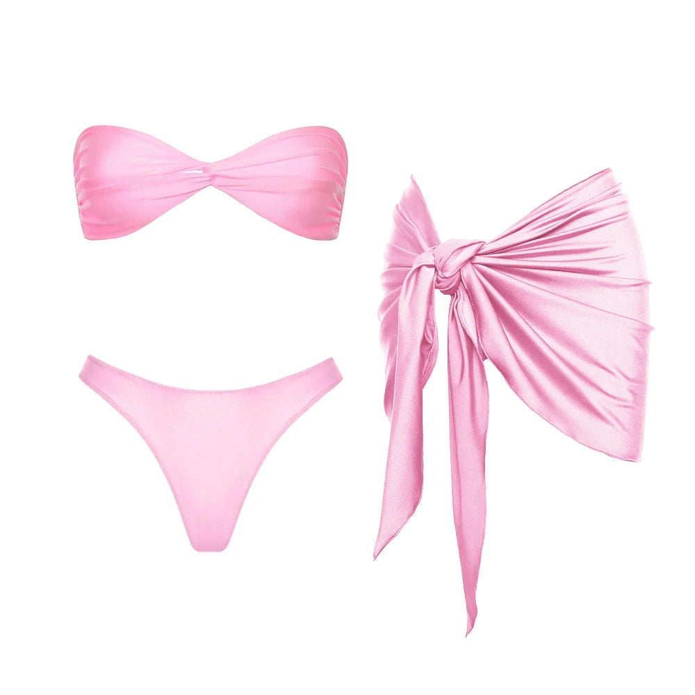 3Pcs Bandeau Biquini 2025 Sexy Women Swimsuit Female Push Up Swimwear Micro Bikini Bathingsuit Beachwear Shiny Brazilian Biquini