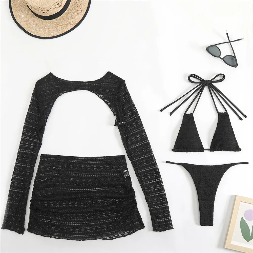 Beige Flower Mesh String Halter Bikinis Sets 4 Piece Sexy Swimsuit Women Long Sleeve Cover Up Swimwear Triangle Bikini Beachwear