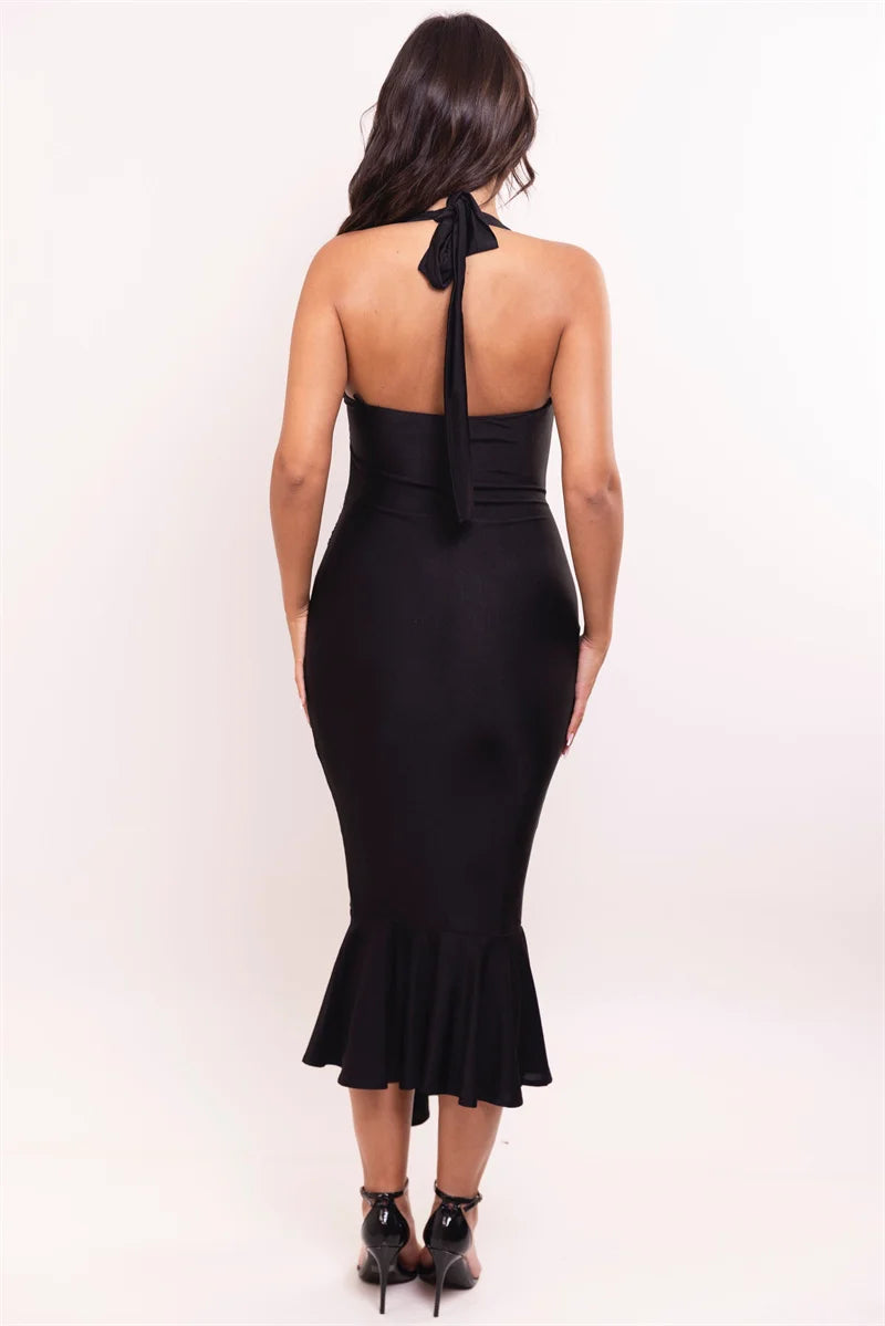 Mozision Satin Backless Draped Sexy Maxi Dress Women Fashion Sequins Halter Sleeveless Ruched Bodycon Club Party Long Dresses