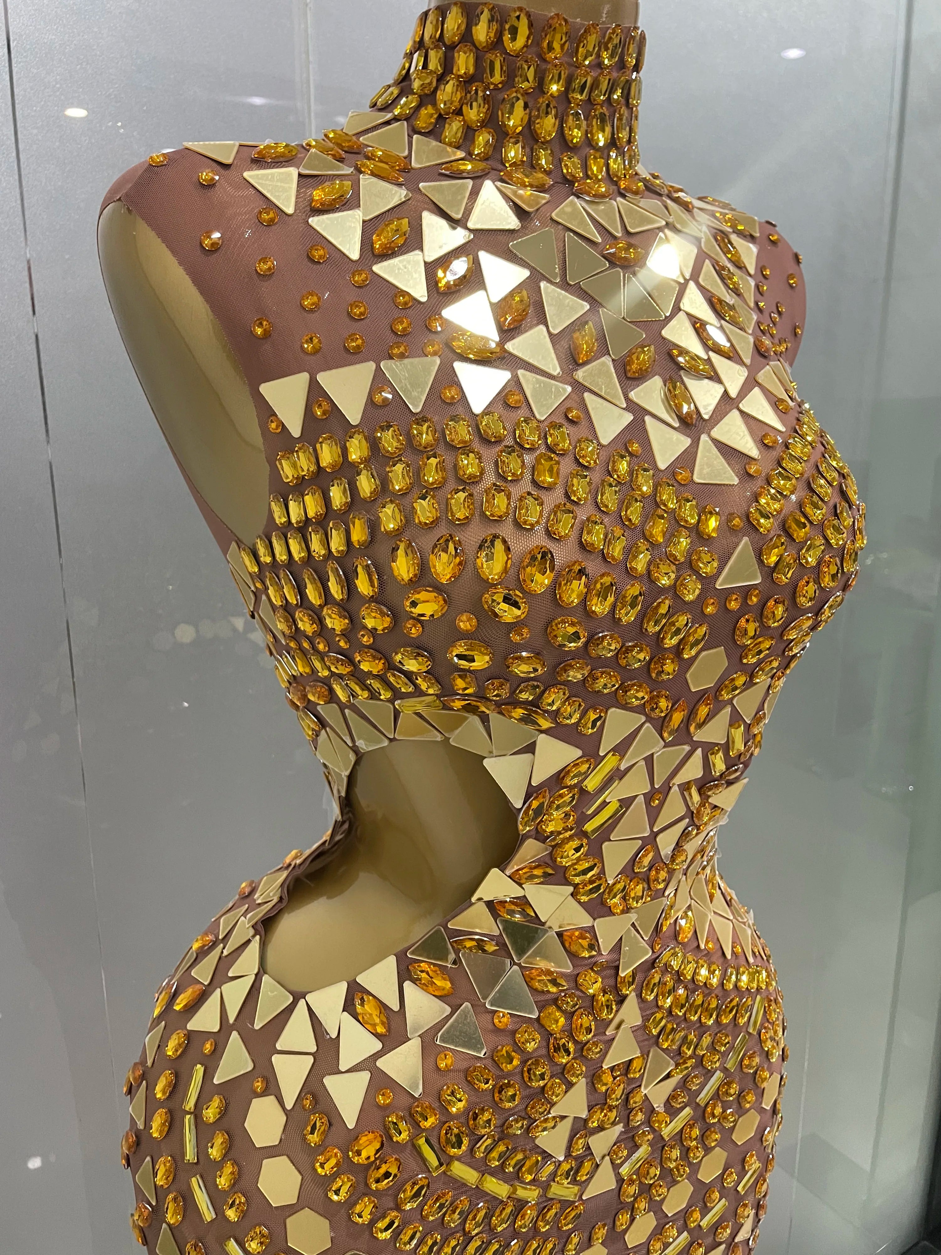 Luxury Shiny Mirror Rhinestones Hollowed-out Long Dress 2025Women Celebrity Evening Party Catwalk Prom Stage Photo Shoot Dresses