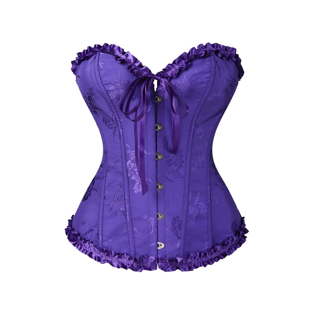 Yellow Jacquard Ruffled Trim Boned Sexy Overbust Push Up Bustier Top Corset Mujer Slimming Corsets For Women Sexy Gothic Clothes