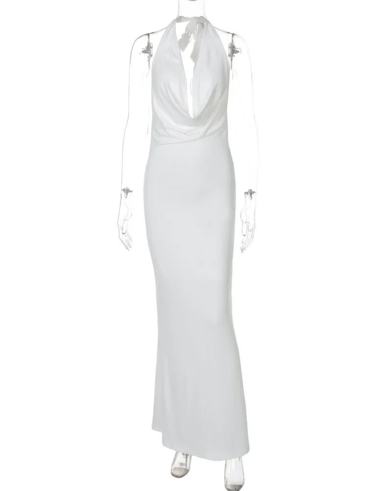 Mozision Deep V-neck Lace-up Sexy Maxi Dress For Women Elegant Off-shoulder Sleeveless Halter Fashion Backless Club Party Dress